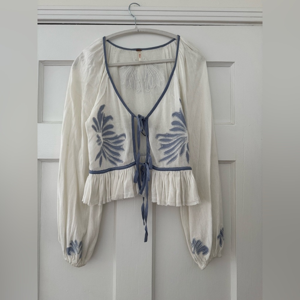 Free People White Crochet Tie-Front Crop Top with Light Blue Embroidery - Picture 2 of 4